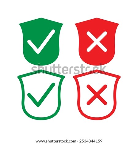 Protection and unprotection, green shield checkmark  red shield cross. Green and red shield checkmark, cross, approved, rejected, yes, no. Set of red and green crosses and checkmarks in eps 10.