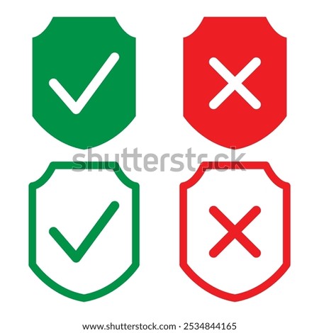 Protection and unprotection, green shield checkmark  red shield cross. Green and red shield checkmark, cross, approved, rejected, yes, no. Set of red and green crosses and checkmarks in eps 10.