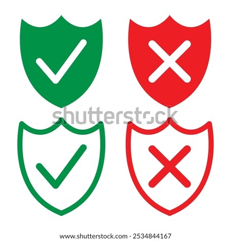 Protection and unprotection, green shield checkmark  red shield cross. Green and red shield checkmark, cross, approved, rejected, yes, no. Set of red and green crosses and checkmarks in eps 10.