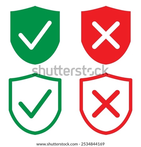 Protection and unprotection, green shield checkmark  red shield cross. Green and red shield checkmark, cross, approved, rejected, yes, no. Set of red and green crosses and checkmarks in eps 10.