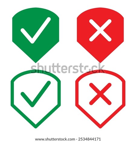 Protection and unprotection, green shield checkmark  red shield cross. Green and red shield checkmark, cross, approved, rejected, yes, no. Set of red and green crosses and checkmarks in eps 10.