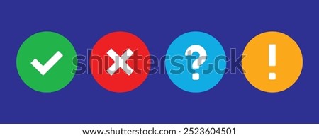 Check mark logo, icon, cross, question mark, exclamation point, information icon. Tick, question, information and answers mark. Vector illustration. Eps 10. 