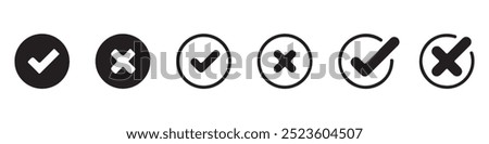 Check mark logo, icon, cross, question mark, exclamation point, information icon. Tick, question, information and answers mark. Vector illustration. Eps 10. 