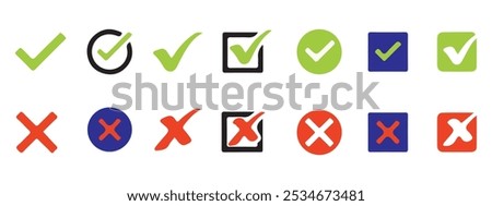 Check box tick mark icon set. correct, right, wrong, buttons or yes, cross, tick mark vector illustration. Eps 10