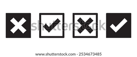 Check box tick mark icon set. correct, right, wrong, buttons or yes, cross, tick mark vector illustration. Eps 10