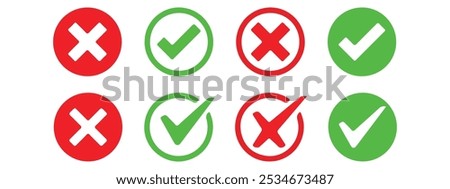 Check box tick mark icon set. correct, right, wrong, buttons or yes, cross, tick mark vector illustration. Eps 10