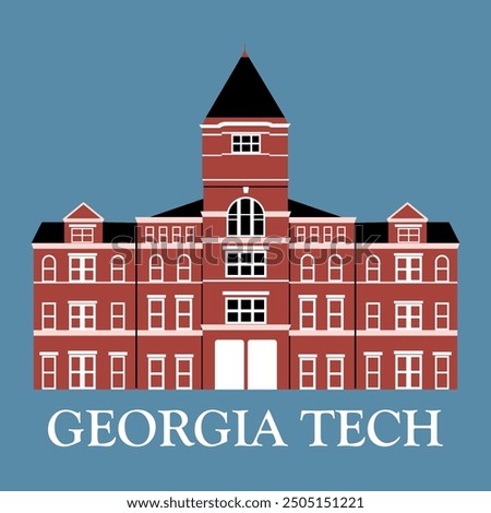 Georgia tech university in america, abstract american blue background, cartography community, connect concept, red and white building illustration, blue background, geometric icon