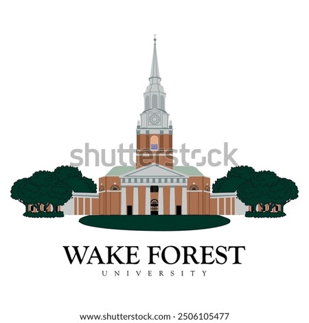 Wake Forest University illustration with trees and garden, american top class college and wake forest university main building high quality illustration, landmark label icon and graphic frame