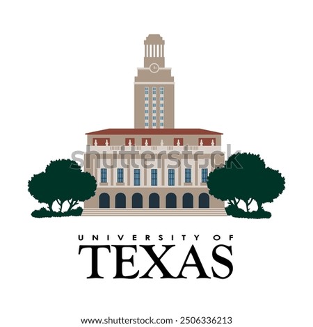 University of Texas main building illustration with trees in front, cartography continent concept, contour dallas design, federal district flag, geography houston illustration icon , isolated line