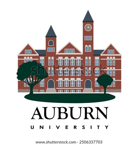 Auburn university main university building with tree in front, american architecture art building with print ready file for shirts, clipart concept destination, editable downtown, famous graphic icon