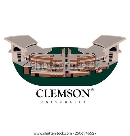 Clemson university football stadium architectural 2d vector illustration for football shirts, charleston city clipart concept design, football stadium of clemson university, famous soccer stadium