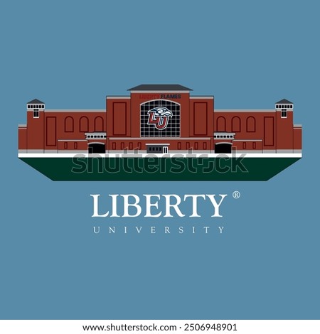 Liberty University main building illustration, red color and blue background vector clip art, cityscape of liberty university, symmetrical building design, embroidery design for caps and shirts