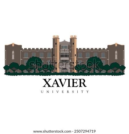 Xavier University main building vector illustration with trees in front, print ready eps file, cincinnati, norwood, evanston, hyde park, spring groove, indianapolis, lexington, bloomington