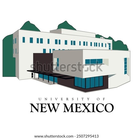 university of new mexico main architectural building illustration with mountains behind it, print ready file for rubber stamp sticker template, new mexico university america, insignia peeler