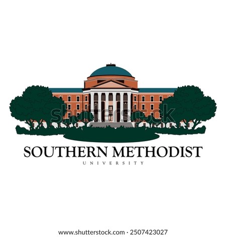 Southern Methodist university main building illustration with trees and lawn in front, print ready file of southern methodist university, creative concept and college emblem graphic icon illustration