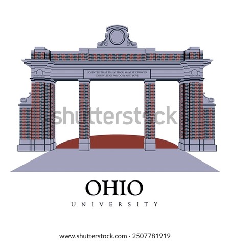 Ohio University with white background. ohio university main entrance gate illustration and print ready eps and vector file. 4 pillars of ohio university entrance exams for bachelors