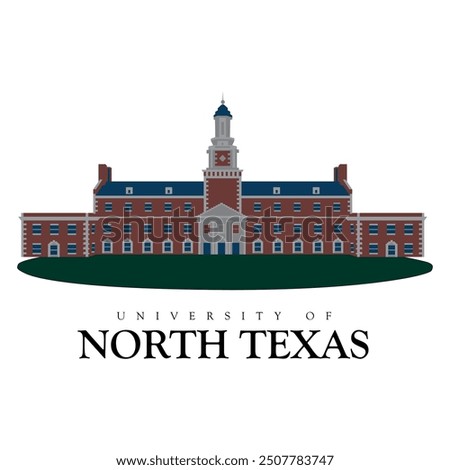 University of north texas main building illustration with symmetrical design and print ready eps and vector file for shoes and shirts. North texas university architectural building with lawn in front