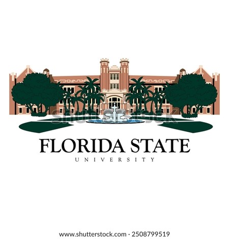 Florida State University main architecture vector file for print on shirts. Palm tree clip art in front of florida state college america. fountain and water illustration