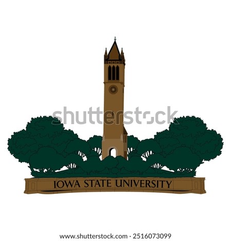 IOWA state university tower illustration with trees. american architecture building city campus iowa state. memorial union pillar symbol. 