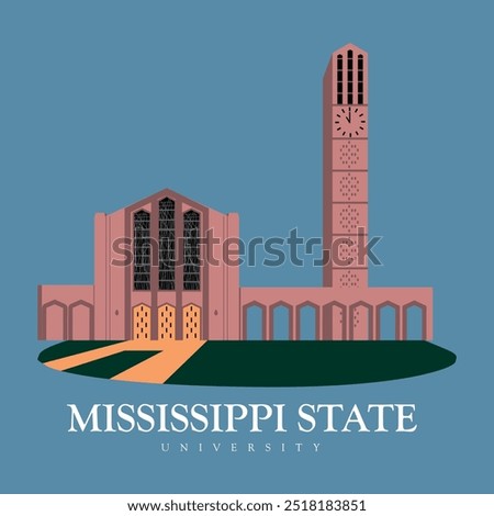 Mississippi state university main tower building high quality vector illustration file for print on banners and shirts. blue background with green lawn in front architecture campus.. 1878 college