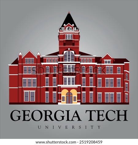 Georgia tech university. american famous architecture Atlanta georgia brick design building with tower. print ready eps vector file of georgia tech uni. technology university midtown atlanta