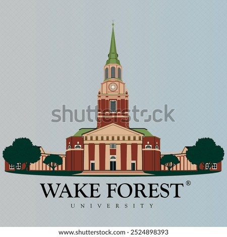 Wake forest university high quality vector illustration of main building with green tower. american architecture design concept. famous wake forest graphical icon illustration for hd print on tees.