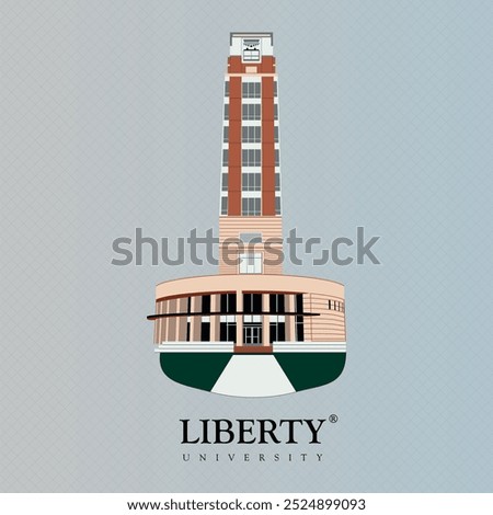 Liberty university main academic building architecture illustration. high quality ready to print eps file. liberty tower with lawn in front.