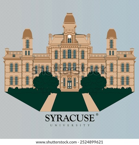 Syracuse university complex building architecture vector illustration for print on sweatshirts and caps. high quality ready to print eps file. main Syracuse historic center building cityscape house