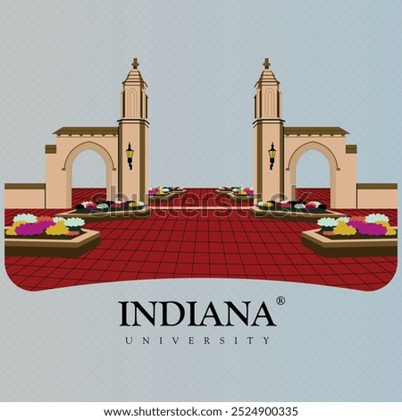 Indiana university main gate vector illustration file with flowers on both side as well red tiles on floor. famous entrance exterior gate illustration. Bloomington architectural building campus