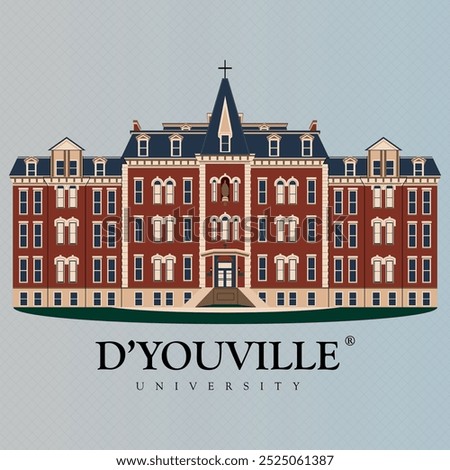 D'youville university main academic building architecture illustration with extra high end detailing for print on sweatshirt with eps file. famous dyouville building graphic landmark icon