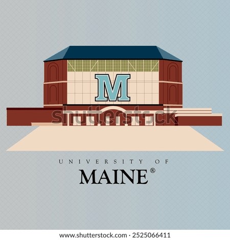 University of maine main academic building architectural illustration with brick color. Big M in front of building. Ready to print eps file for sweatshirts and caps. florida retro football stadium