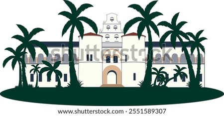 San diego state university main academic building illustration architecture with palm trees front of it. white color building abstract digital art for print. 