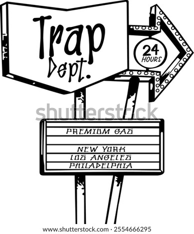 Trap department black and white shirt design with 24 hours available badge with difference cities mentioned. one color shirt design while pointing towards right 