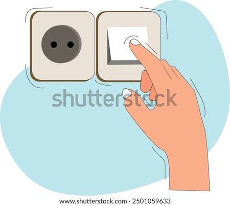 Turn off switch icon. Finger pressing on switch. hand push button switch. Electric control switch by pressing hand. White button with indicator lamps.