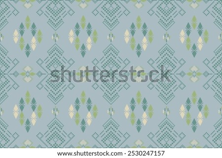 The design features diamond shapes and other angular elements in shades of green and off-white. The pattern has a pixelated, woven or embroidered appearance