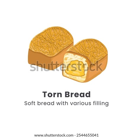 Hand drawn vector illustrator of Roti sobek or Torn bread or Roti kasur. Soft bread filled with chocolate, cheese, jam and nuts