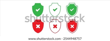 Shield check mark, tick mark symbol, shield block sign, restriction shield icons in line style design for website, app, UI, isolated on white background. Editable stroke. 333