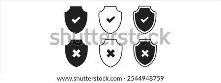 Shield check mark, tick mark symbol, shield block sign, restriction shield icons in line style design for website, app, UI, isolated on white background. Editable stroke. 333