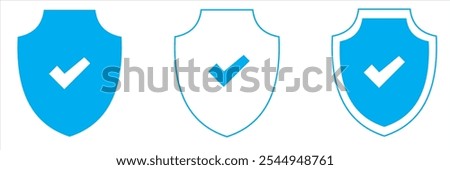 Shield check mark, tick mark symbol, shield block sign, restriction shield icons in line style design for website, app, UI, isolated on white background. Editable stroke. 333