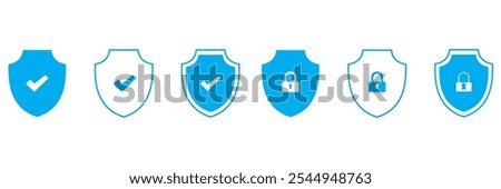 Shield check mark, tick mark symbol, shield block sign, restriction shield icons in line style design for website, app, UI, isolated on white background. Editable stroke. 333