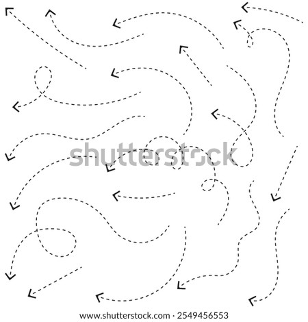 Set of hand drawn thin dash line arrows. Collection of curved pointers. Black dot vector pointers pointing in different directions. Simple design elements of signpost showing confusing complex path. 