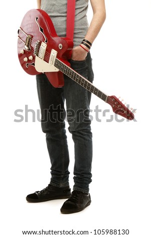 A Man Playing A Guitar, Standing Isolated On White Background Stock ...