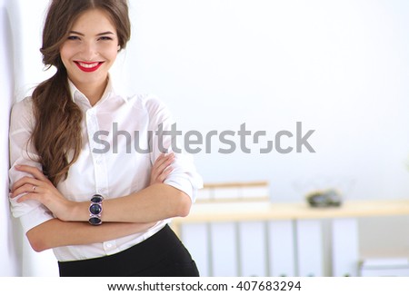 Similar – Image, Stock Photo Smiling businesswoman standing near gray wall