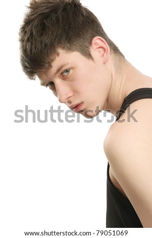 A young handsome male model wearing a black shirt, isolated on white