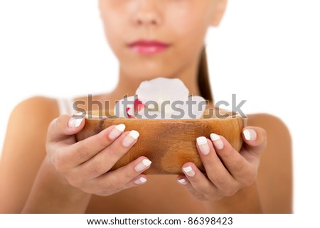 Similar – Image, Stock Photo Macro unknown hand giving terminal to visitor for mobile phone payment indoor. Client hand paying bill with smartphone in blurred background. Cropped shot hands making contactless transaction inside.