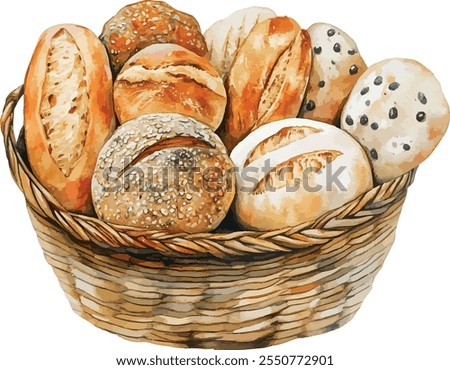 Delicious bread basket vector illustration. Wicker basket with bakery vector illustration. Basket with wheat and fresh bread isolated on white background