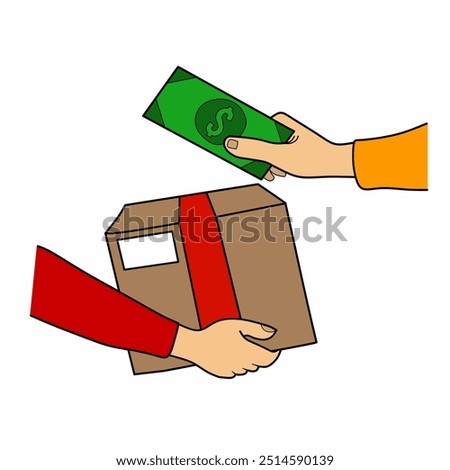 Illustration of a courier delivering an order to a customer and he pays in cash