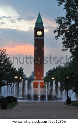 clock tower and water fountain at university