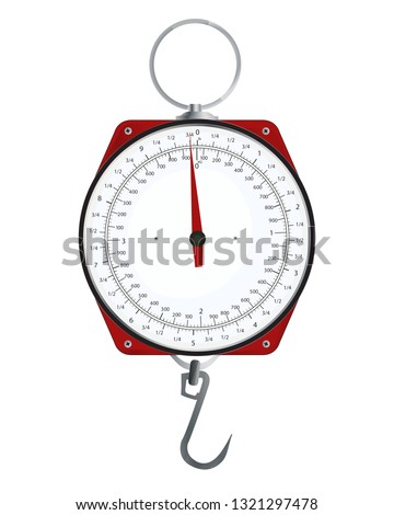 Vintage hanging weight scale against white background