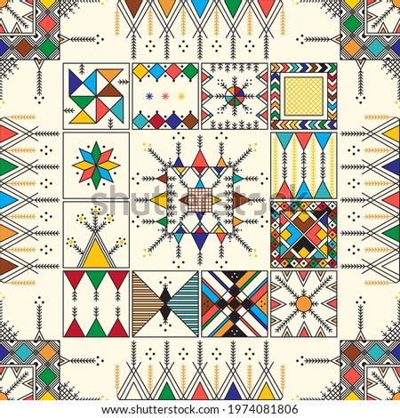 Decorative geometric repeating pattern inspired by Al-Qatt Al-Asiri traditional paintings